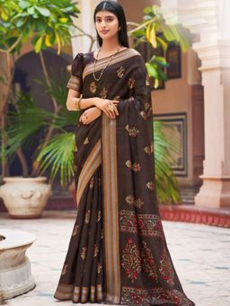 EXCLUSIVA - Coffee Brown Chanderi Saree with Unstitched Blouse