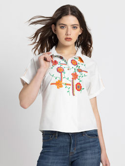 SHAYE - Shirt Collar White Embroidered Short Sleeves Casual Top For Women