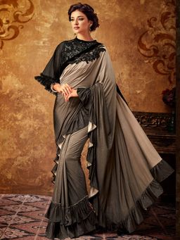 Odette - Beige Lycra Designer Saree with Unstitched Blouse