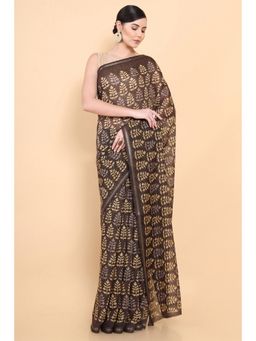 Soch - Women Brown Chanderi Printed Saree with Unstitched Blouse