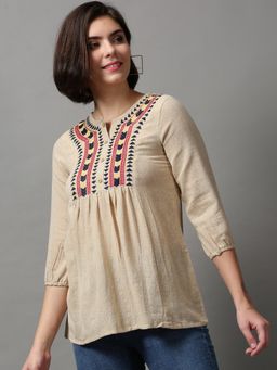 SHOWOFF - Women's Regular Sleeves Ethnic Motifs Beige Empire Top