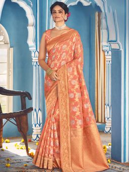 Odette - Womens Peach Linen Woven Design Saree with Unstitched Blouse