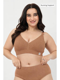 Zelena - Women Honey Brown Cotton Ribbed Removable Pads Maternity Bra