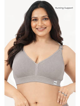 Zelena - Women Grey Cotton Ribbed Removable Pads Maternity Bra