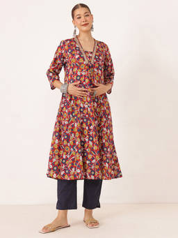 Zelena - Women Red Cotton Floral Printed Maternity Kurta with Pant and Dupatta