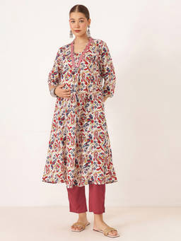 Zelena - Women Multi-Color Cotton Floral Printed Maternity Kurta with Pant and Dupatta