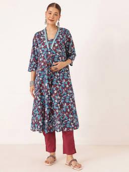 Zelena - Women Navy Blue Cotton Floral Printed Maternity Kurta with Pant and Dupatta