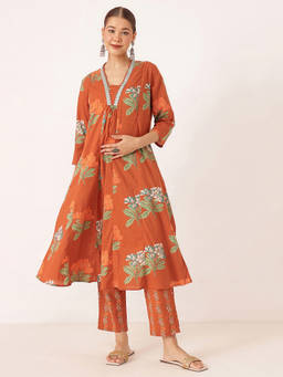 Zelena - Women Rust Cotton Floral Printed Maternity Kurta with Pant and Dupatta