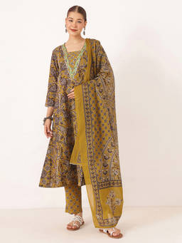 Zelena - Women Mustard Cotton Paisley Maternity Kurta with Pant and Dupatta