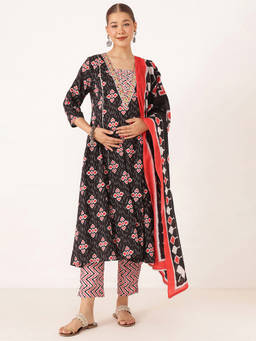 Zelena - Women Black Cotton Printed Maternity Kurta with Pant and Dupatta
