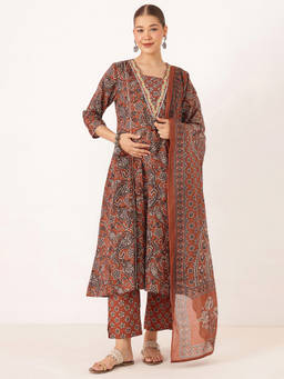 Zelena - Women Brown Cotton Paisley Maternity Kurta with Pant and Dupatta