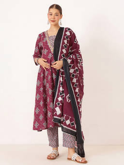 Zelena - Women Wine Cotton Printed Maternity Kurta with Pant and Dupatta