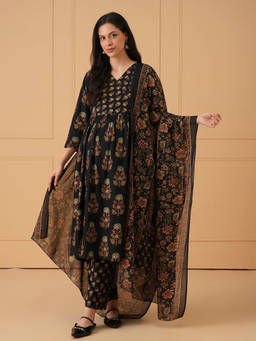 The Mom Store - Women Black Bloom Floral Printed Maternity Kurta with Pant and Dupatta