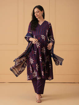 The Mom Store - Women Navy Blue Floral Printed Maternity Kurta with Pant and Dupatta