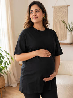 Angloindu - Women Black Solid Drop Shoulder Maternity T-shirt
