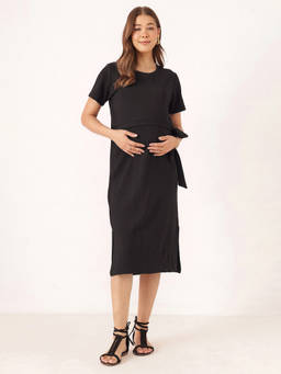Zelena - Women Black Jacquard Ribbed Side Knot Maternity Dress