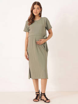 Zelena - Women Sage Green Jacquard Ribbed Side Knot Maternity Dress