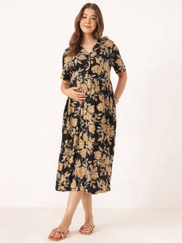 Zelena - Women Black Floral Printed Rayon Maternity Dress