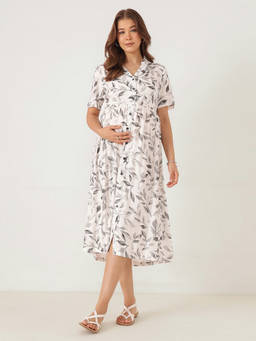 Zelena - Women White Leaf Printed Rayon Maternity Dress