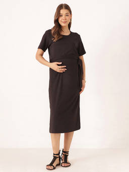Zelena - Women Black Marrio Ribbed Side Knot Maternity Dress