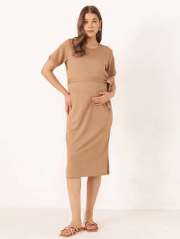 Zelena - Women Brown Marrio Ribbed Side Knot Maternity Dress