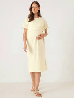 Zelena - Women Cream Marrio Ribbed Side Knot Maternity Dress