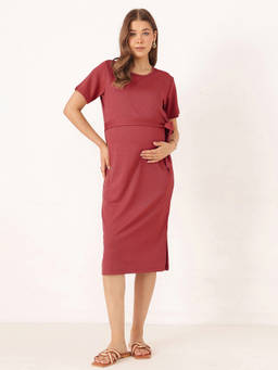 Zelena - Women Maroon Marrio Ribbed Side Knot Maternity Dress