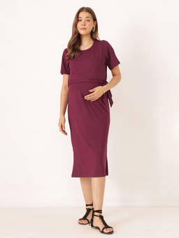 Zelena - Women Wine Marrio Ribbed Side Knot Maternity Dress
