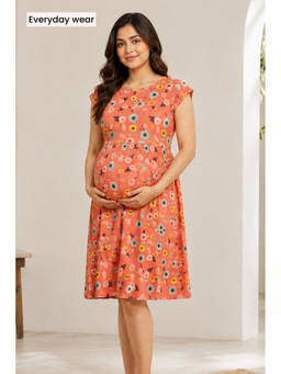 Zelena - Women Orange Floral Printed Cotton Stretch Maternity Nursing Dress