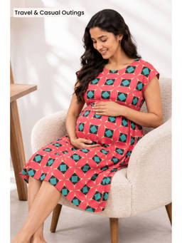 Zelena - Women Coral Printed Cotton Stretch Maternity Nursing Dress
