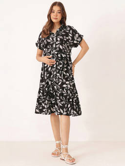 Zelena - Women Black Leaf Printed Rayon Maternity Dress with Belt