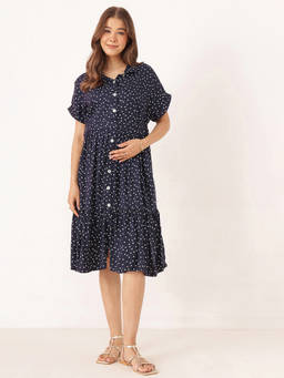 Zelena - Women Navy Blue Polka Dot Printed Rayon Maternity Dress with Belt