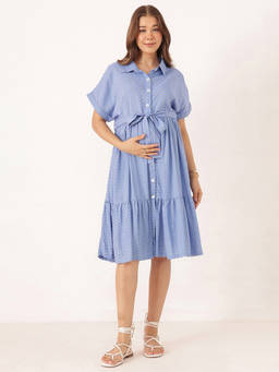 Zelena - Women Blue Rayon Printed Maternity Nursing Dress with Belt