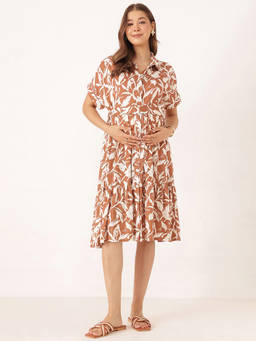 Zelena - Women Brown Floral Printed Rayon Maternity Dress with Belt