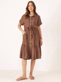 Zelena - Women Brown Polka Dot Rayon Maternity Dress with Belt