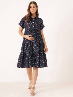 Zelena - Women Navy Blue Feather Printed Cotton Maternity Dress with Belt