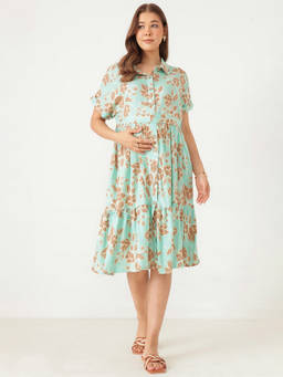 Zelena - Women Green Rayon Floral Printed Maternity Nursing Dress with Belt