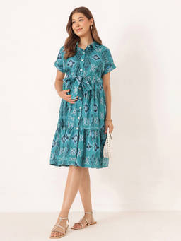 Zelena - Women Teal Printed Cotton Maternity Dress with Belt