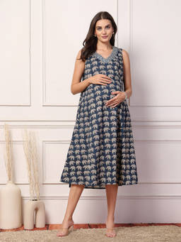 Zelena - Women Navy Blue Cotton Sleeveless Maternity Feeding Dress