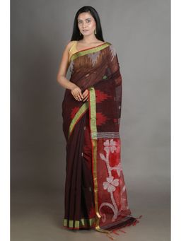 Arhi - Wine Blended Cotton handwoven soft saree with resham pallu with Unstitched Blouse
