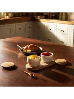 Ellementry - White Marble Condiment Set With Wooden Lids