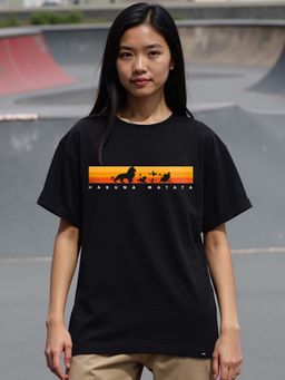 Bewakoof - Official Disney Women's Black Hakuna Matata Graphic Printed Boyfriend Fit T-shirt