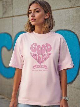 Bewakoof - Women Pink Good Vibes Typography Printed Oversized T-Shirt