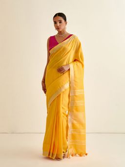 Abhishti - Sunflower Yellow Banarasi Woven Sari and Silver Highlights with Unstitched Blouse