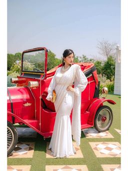 MONK & MEI - White Pre-Stitched Saree with Stitched Blouse