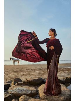 MONK & MEI - Wine Jane Ready To Wear Saree with Stitched Blouse