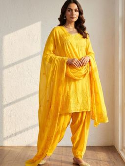 ORNAMAAS - Peela Gulabi Rani Cotton Organza Kurta with Salwar and Dupatta