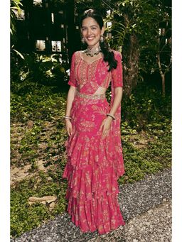 Paulmi & Harsh - Pink Printed Pre Drape Saree with Stitched Blouse and Belt