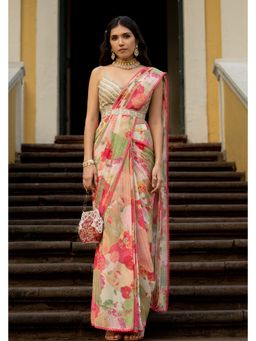 Paulmi & Harsh - Pink Julia Floral Printed Pre Drape Saree with Stitched Blouse