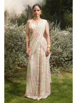 Paulmi & Harsh - Ivory Printed Pre Drape Saree with Stitched Blouse